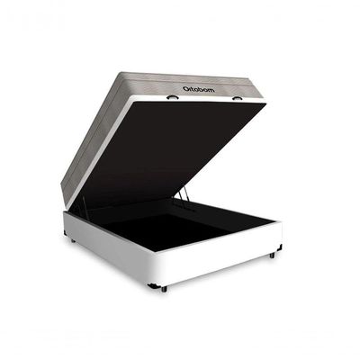 Cama Box Baú Casal 138 Tecido Sintético Branco Com Colchão Ortobom Airtech Spring Pocket D26 Bege 70x138x188