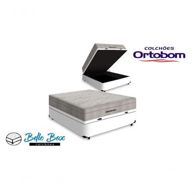 Cama Box Baú Casal 138 Tecido Sintético Branco Com Colchão Ortobom Airtech Spring Pocket D26 Bege 70x138x188
