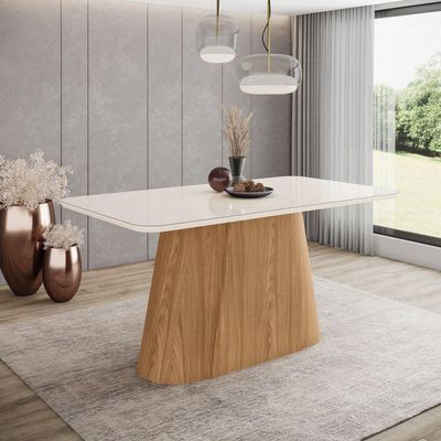 Mesa Olívia 6 Lug Tampo 160cm C Vidro Canto Arredondado Off White Com Nature