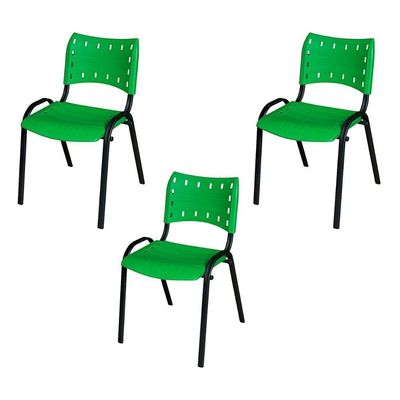 Kit 3 Cadeira Iso Tubo Oblongo Aço Industrial Empilhavel Verde