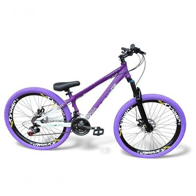 Bicicleta aro26 Vikingx Tuff X44 Câmbios Shimano 21v FreioDisco Freeride Pneu Flame RoxoBranco