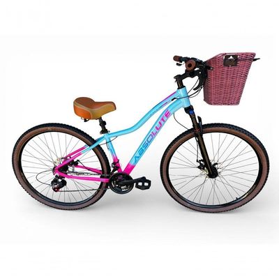 Bicicleta Aro 29 Feminina Absolute Hera Retrô Vintage 21v Confortável Cesta Selim 2 Molas - Azul/rosa Tam 15