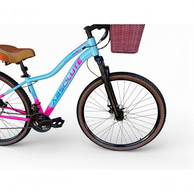 Bicicleta Aro 29 Feminina Absolute Hera Retrô Vintage 21v Hidráulica Confortável Cesta Selim 2 Molas - Azul/rosa Tam 15