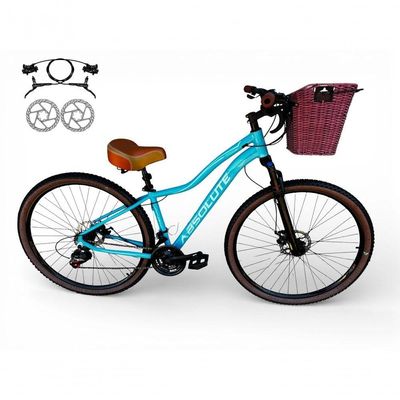 Bicicleta Aro 29 Feminina Absolute Hera Retrô Vintage 21v Hidráulica Confortável Cesta Selim 2 Molas - Azul Tam 17