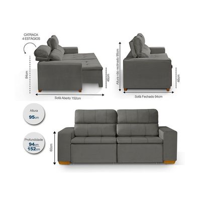 Sofá 3 Lugares 195cm Com Molas, Retrátil E Reclinável Cinza