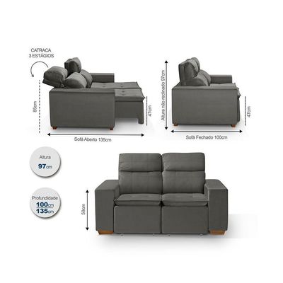 Sofá 2 Lugares 150cm Com Molas, Retrátil E Reclinável Cinza