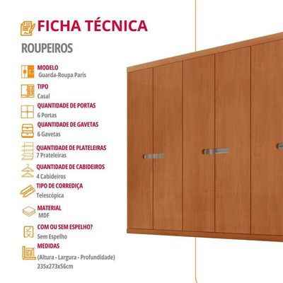 Guarda Roupa Casal Paris Mdf 6 Portas 6 Gavetas Moderna Naturalle Sem Pés