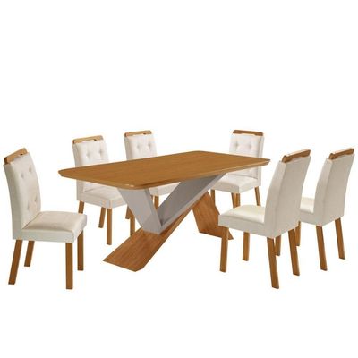 Mesa De Jantar Yasmin 180cm Tampo Mdf Com 6 Cadeiras Carol Veludo Creme/naturale/off White