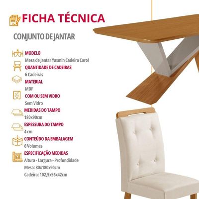 Mesa De Jantar Yasmin 180cm Tampo Mdf Com 6 Cadeiras Carol Veludo Creme/naturale/off White