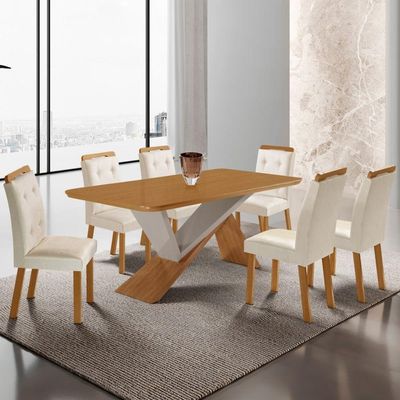 Mesa De Jantar Yasmin 180cm Tampo Mdf Com 6 Cadeiras Carol Veludo Creme/naturale/off White