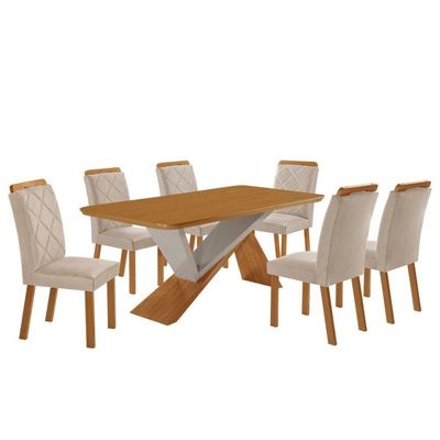 Mesa De Jantar Yasmin 180 Mdf Laminado E 6 Cadeiras Melissa Veludo Creme/naturale/off White