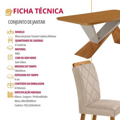 Mesa De Jantar Yasmin 180 Mdf Laminado E 6 Cadeiras Melissa Veludo Creme/naturale/off White