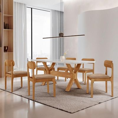 Sala De Jantar Mesa Star Tampo Laqueado E 6 Cadeiras Linho Palha/laq Off/cinam. Imbuia