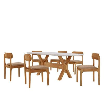 Sala De Jantar Mesa Star Tampo Laqueado E 6 Cadeiras Linho Palha/laq Off/cinam. Imbuia