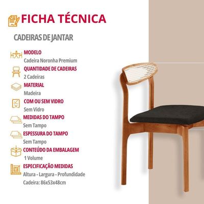Conjunto 2 Cadeira De Jantar Noronha Premium Moderna Mobília Linho Preto / Imbuia Nat.