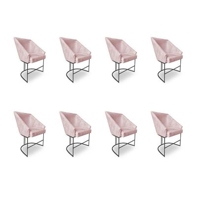 Kit 8 Poltronas Luxo Alana Suede Rosa Bebê Base Ferro Preto - Pallazio