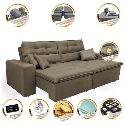 Sofá Cairo 2,32m Retrátil, Reclinável Tecido Suede Castor