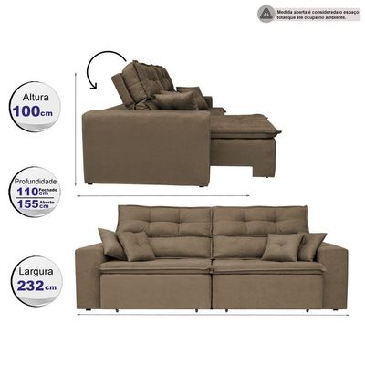 Sofá Cairo 2,32m Retrátil, Reclinável Tecido Suede Castor