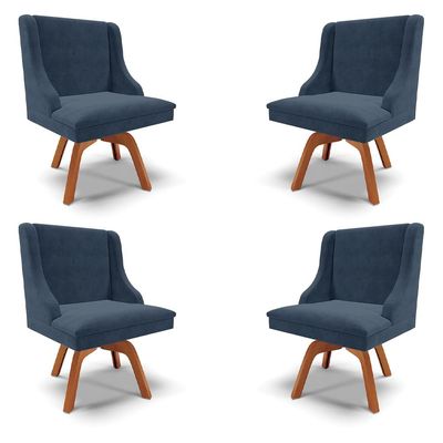 Kit 4 Cadeiras Decorativas Sala de Jantar Base Giratória de Madeira Firenze Suede Azul Marinho/Natural G19 - Gran Belo
