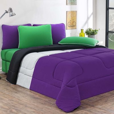 Kit Edredom Malha 100% Algodão Urbano 3 Peças Queen - Roxo/Mescla/Preto