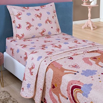 Kit Colcha Unicórnio Solteiro Tecido Microfibra Dupla Face Quarto Infantil - Rosa