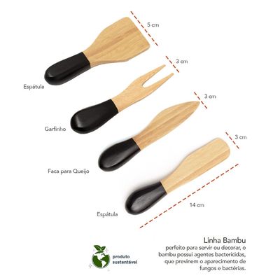 Espatula Faca para Queijo Garfinho Utensilios Bambu Kit 4un