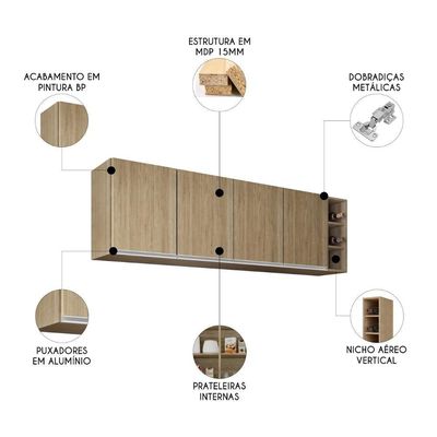 Armário De Cozinha Aéreo 180cm Nevada Com Nicho Castanho - Lumil