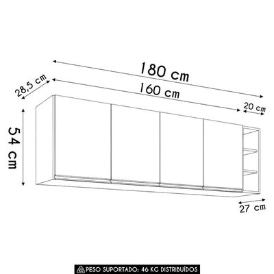 Armário De Cozinha Aéreo 180cm Nevada Com Nicho Castanho - Lumil