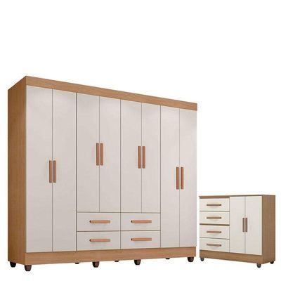 Guarda Roupa Casal Porto Com Cômoda Lite 4 Gavetas 2 Portas Nature Off White - Móveis Leão