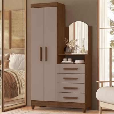Cômoda New Capri 2 Portas E 4 Gavetas Nogueira-capuccino Com Espelho - Móveis Albatroz