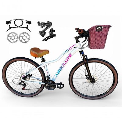 Bicicleta Aro 29 Feminina Absolute Hera Retrô Vintage Shimano 21v Hidráulica Confortável Cesta Branco Tamano 17