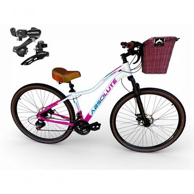 Bicicleta Aro 29 Feminina Absolute Hera Retrô Vintage 21v Shimano Selim Confortável Cesta Branco-rosa Tamano 15