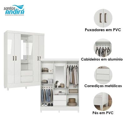 Guarda Roupa Solteiro 4 Portas Com Pés Capelinha Fit Branco Brilho - Santos Andirá