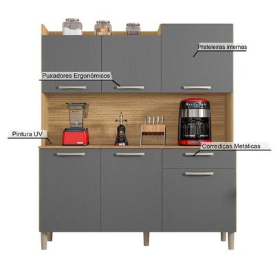 Armário De Cozinha Compacta 6 Portas 1 Gaveta Berlin - Freijó/gris
