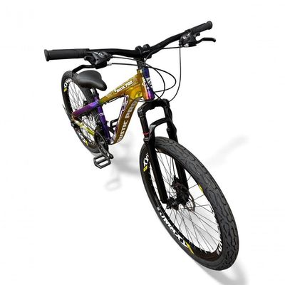 Bicicleta aro26 Prox Rustic Pro Freeride 21v aroVmaxx FreioDisco Garfo Suspensão Pneu Flame camaleão