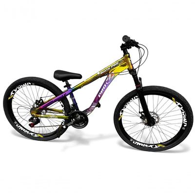 Bicicleta aro26 Prox Rustic Pro Freeride 21v aroVmaxx FreioDisco Garfo Suspensão Pneu Flame camaleão