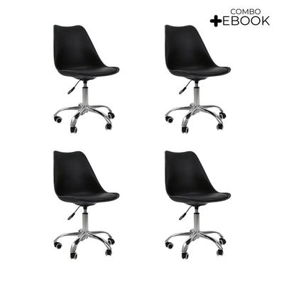 Kit 4 Cadeiras Office Base Cromada Com Rodízio Giratória Saarinen Preto