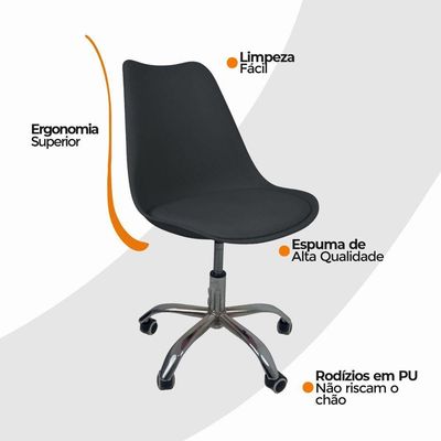 Kit 4 Cadeiras Office Base Cromada Com Rodízio Giratória Saarinen Preto