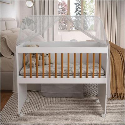 Mini Berço Moisés Amadeirado E Branco Compacto E Multifuncional Vira Mesa E Aparador