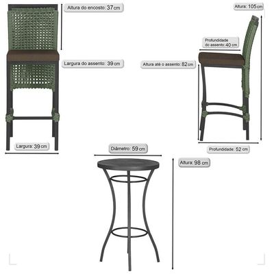 Mesa Bistrô E 2 Banquetas Roma Preta Corda Estofado 9 Trama Verde