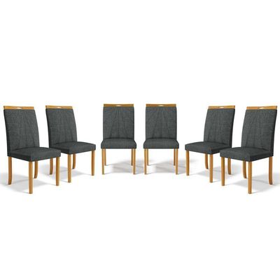 Kit Com 6 Cadeiras Maiara Madeira Maciça Estofadas Para Mesa De Jantar Linho Chumbo 406