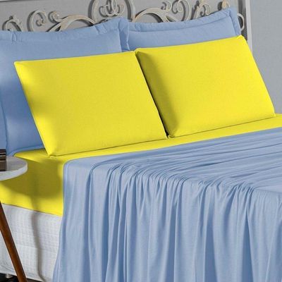 Jogo De Cama Solteiro Nobre 3 Peças Lençol Com Elástico De 30cm De Altura Malha 100% Algodão - Azul-bebê / Amarelo