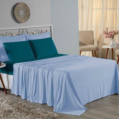 Jogo De Cama Queen Nobre 4 Peças Lençol Com Elástico De 30cm De Altura Malha 100% Algodão - Azul-bebê / Petróleo