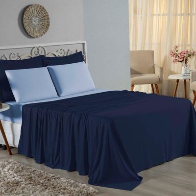 Jogo De Cama Casal Viúva Nobre 4 Peças Malha 100% Algodão - Azul-marinho / Azul-bebê