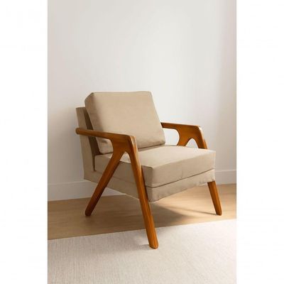 Poltrona Mona Luxo Madeira Maciça Linho Bege Para Sala De Estar Decorativa Moderna