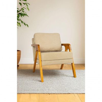 Poltrona Mona Luxo Madeira Maciça Linho Bege Para Sala De Estar Decorativa Moderna
