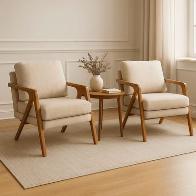 Poltrona Mona Luxo Madeira Maciça Linho Bege Para Sala De Estar Decorativa Moderna