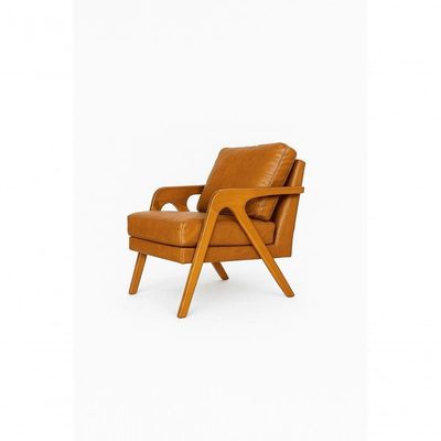 Poltrona Mona Luxo Madeira Maciça Corino Caramelo Para Sala De Estar Decorativa Moderna