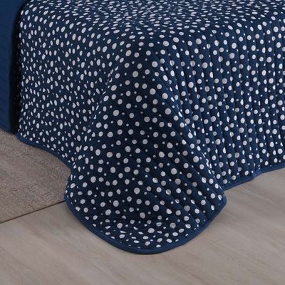 Kit Cobre Leito Colcha Polly Casal 3 Peças Malha 100% Algodão Estampa Bolinhas - Azul Marinho