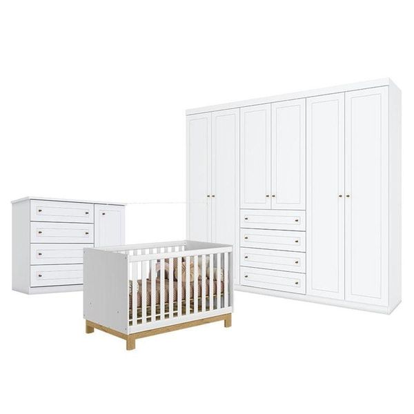 Quarto De Bebê Americano 6 Portas Com Berço Americano Mini Cama Q Encanto Slim Branco Acetinado - Qmovi - Henn